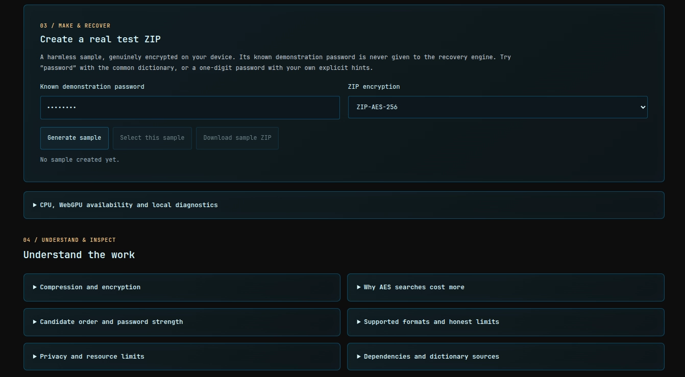 English Archive Recovery Lab demo ZIP generator offering encryption options and a known sample password.