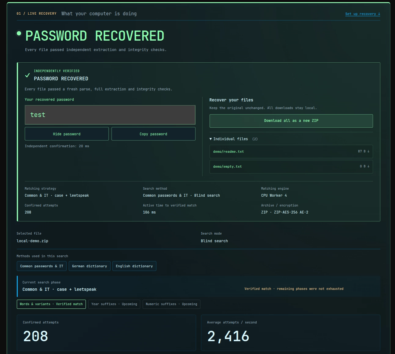 Verified ZIP-AES-256 AE-2 recovery result for test password test, with two recovered files available to download locally.