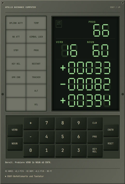 Detail from the real museum screenshot showing DSKY PROG 66, VERB 16, NOUN 60 and three numerical registers.