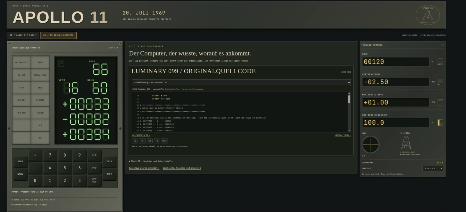 Real German engineering-mode screenshot with the Luminary 099 landing-guidance listing beside DSKY and instruments.