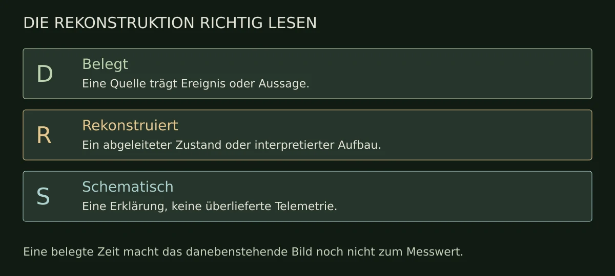 Drei Belegkategorien: belegte Tatsachen, rekonstruierte Zustände und schematische Erklärung.