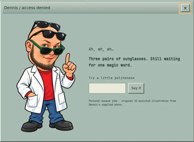 Doctor Nebu’s actual museum lockscreen: Dennis’s original cartoon in a white coat, wearing three pairs of sunglasses.