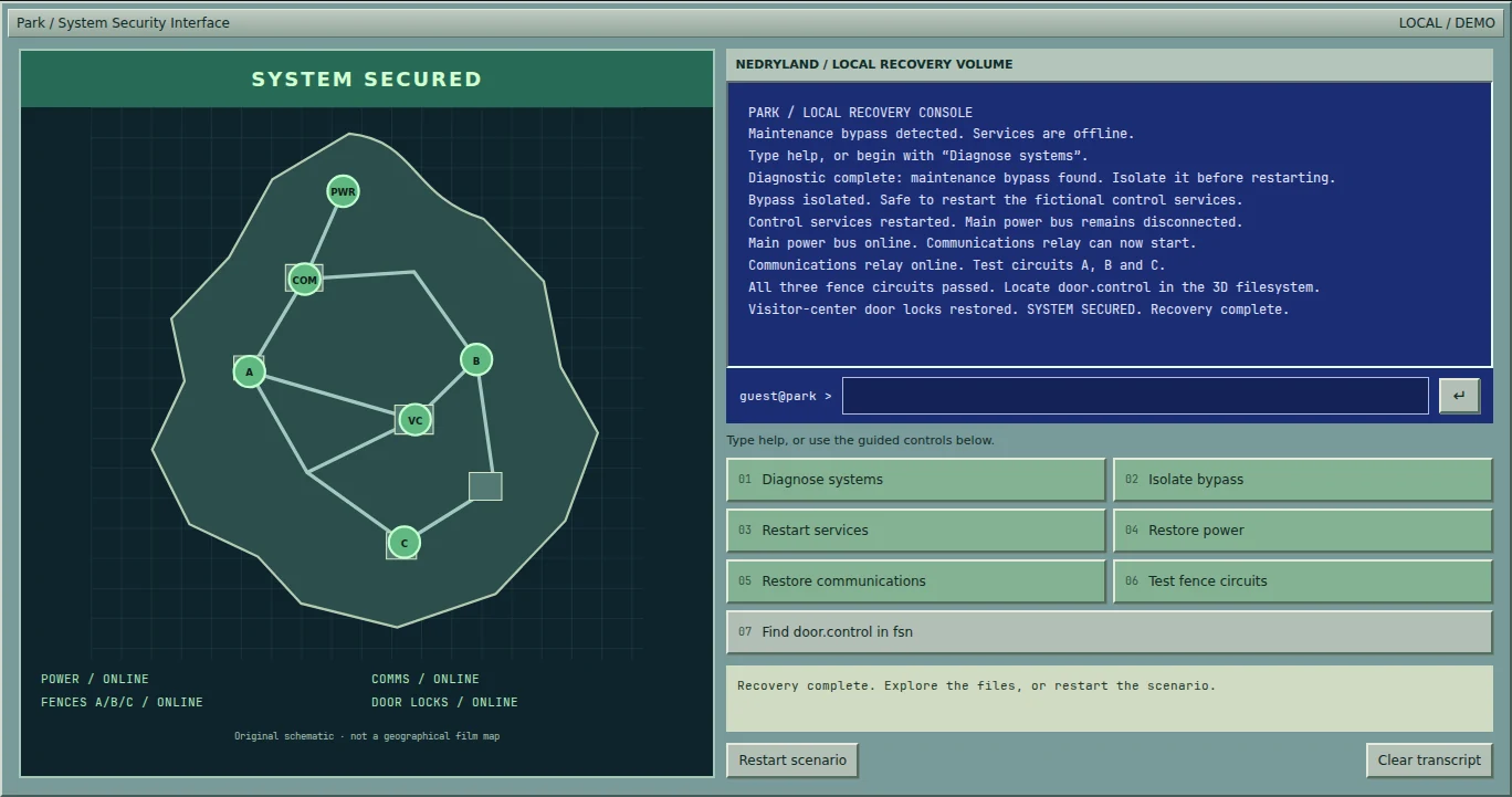The working fictional recovery console with island schematic and six green service markers after restoration.