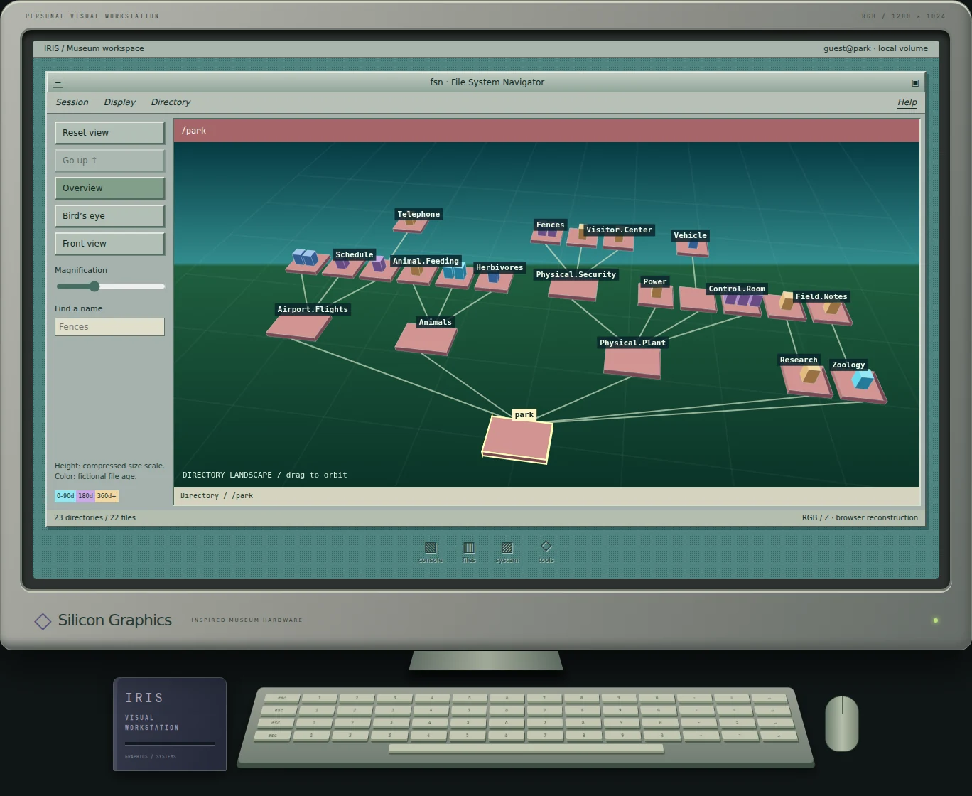 The actual SGI-inspired museum workstation, showing its fsn-style landscape, monitor, keyboard and case.