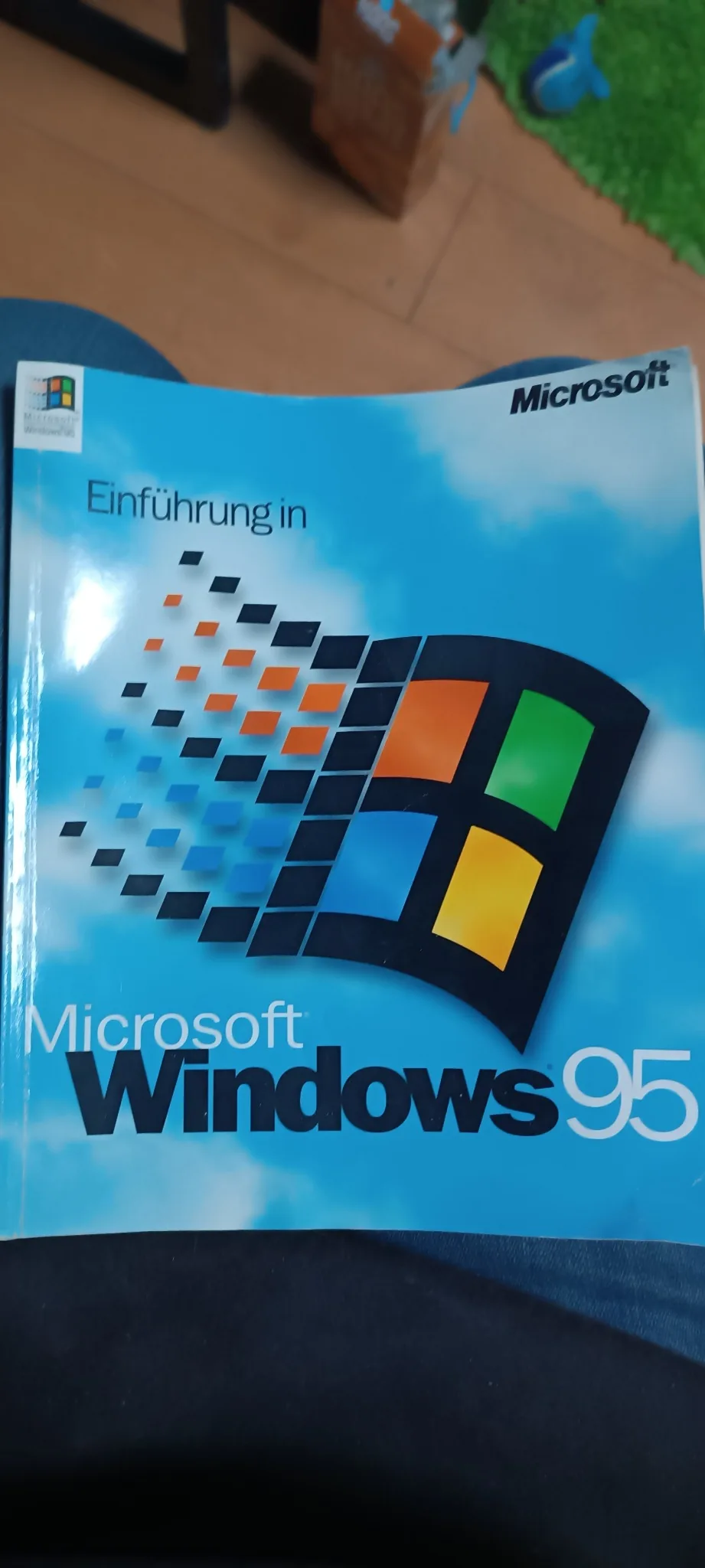 Dennis Hilks originales blaues deutsches Windows-95-Handbuch, aufrecht fotografiert.