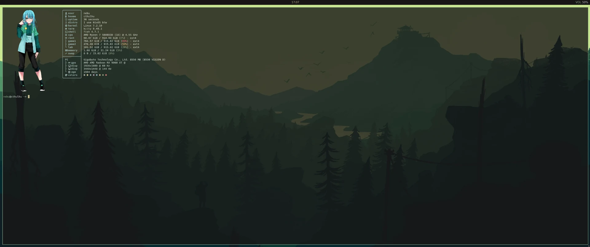 Actual Cthulhu desktop: transparent Kitty with Fastfetch over a dark green mountain forest, with Xmobar clock and volume at the top.