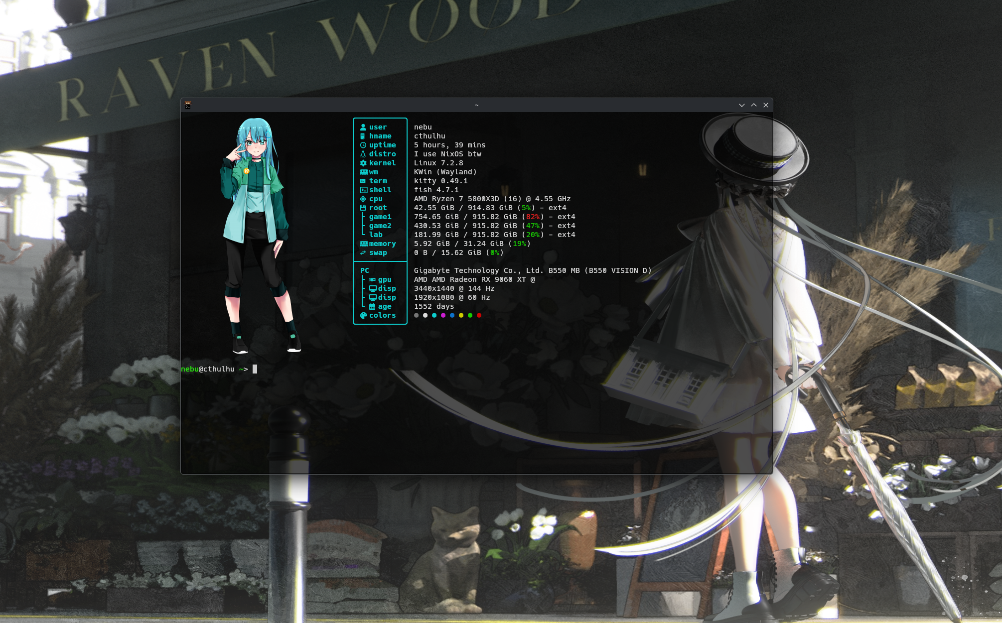 Cthulhu desktop with Fastfetch in Kitty: custom image logo, cyan borders, and NixOS, hardware, memory and disk information.