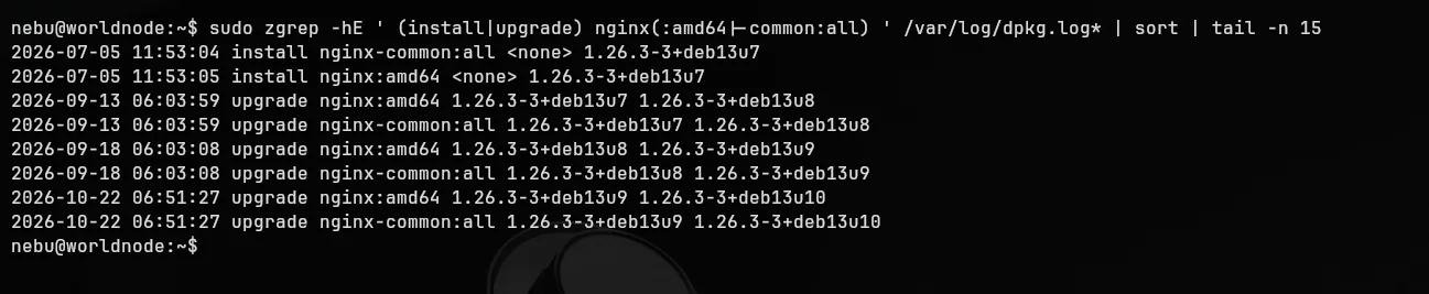Chronologischer dpkg-Log: nginx deb13u7 im Juli, deb13u8 im September, deb13u9 im September, deb13u10 am 22. Oktober 2026 für nginx und nginx-common.