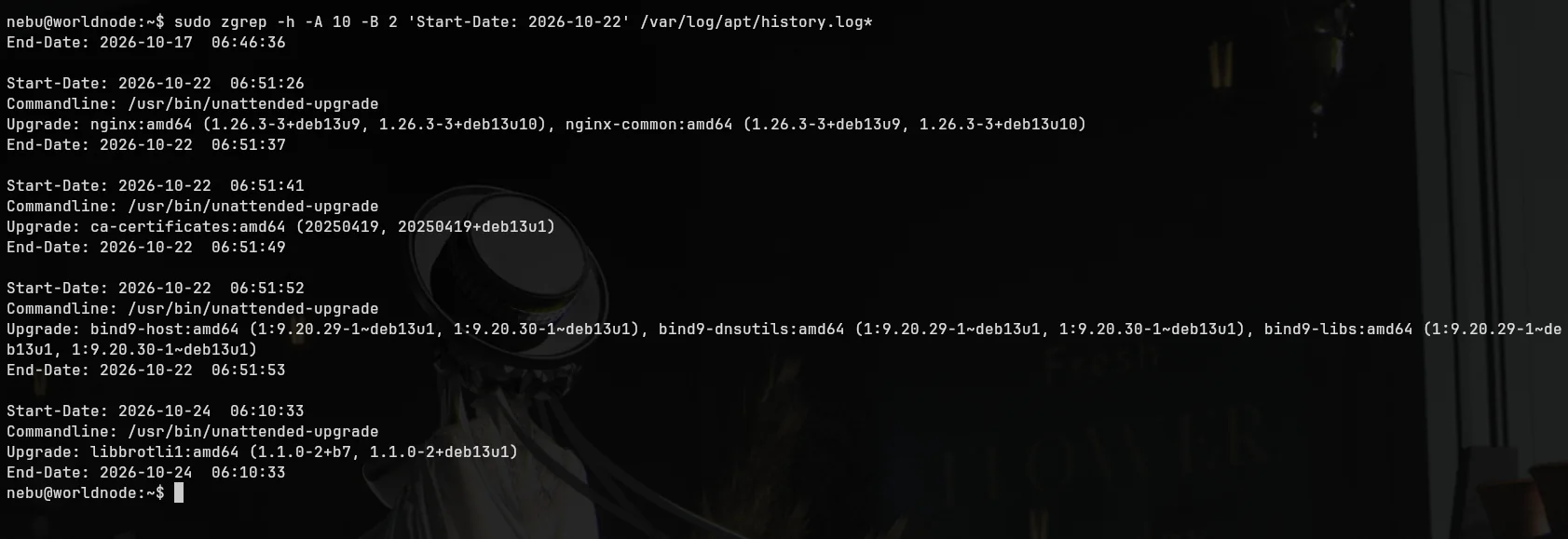 APT-History Worldnode: Commandline /usr/bin/unattended-upgrade, nginx und nginx-common am 22. Oktober 2026 von deb13u9 auf deb13u10 aktualisiert, Transaktion 06:51:26 bis 06:51:37.