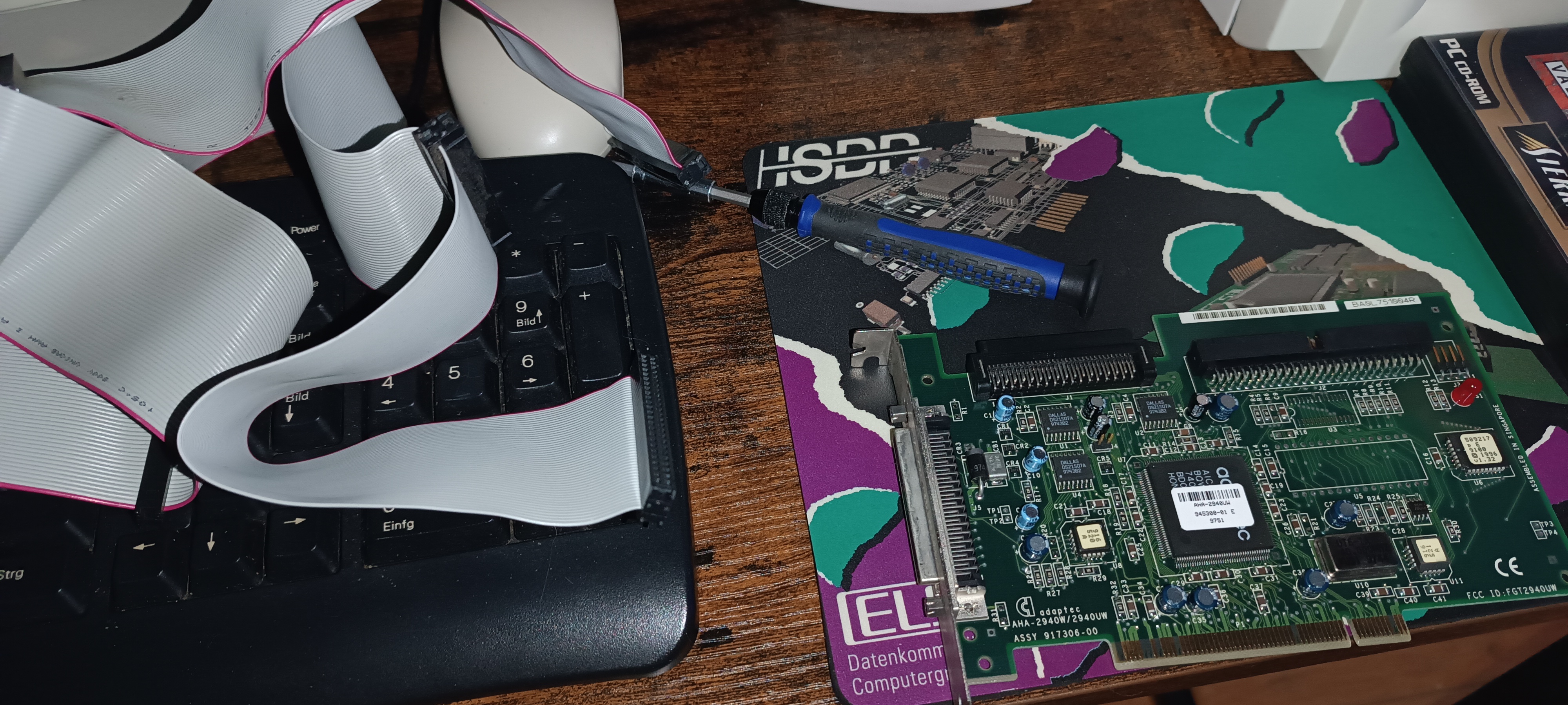 SCSI-to-IDE upgrade cable inside a Windows 98 computer