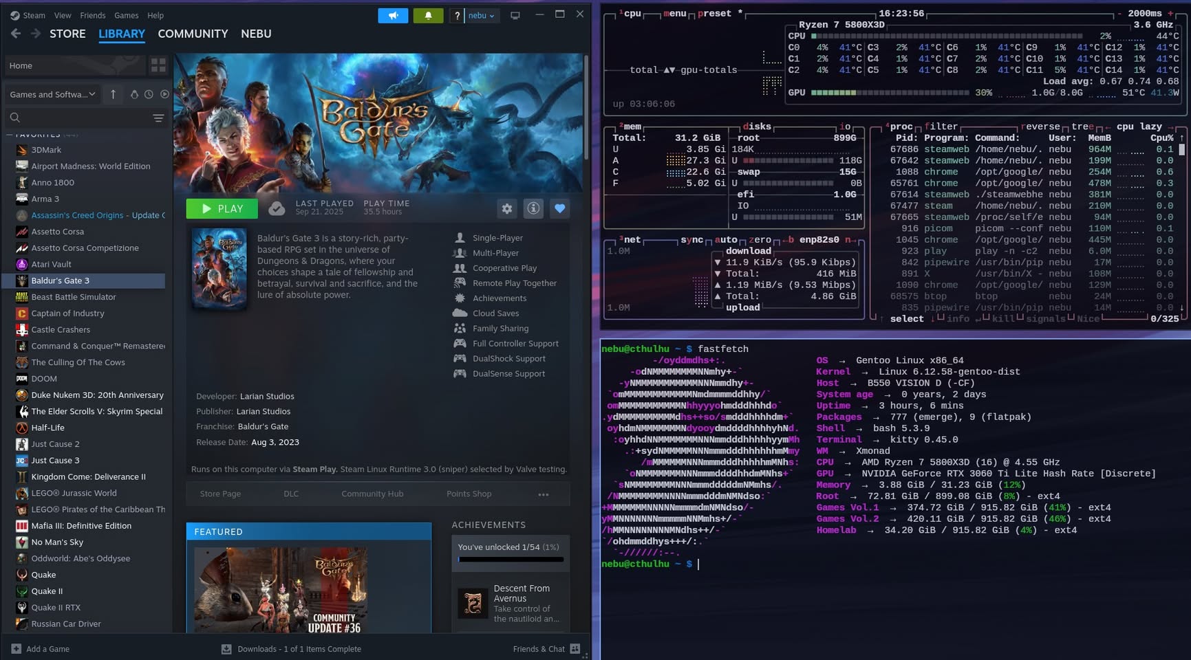 Gentoo Linux XMonad desktop running Steam and Kitty on Cthulhu's Ryzen 7 5800X3D and RTX 3060 Ti configuration