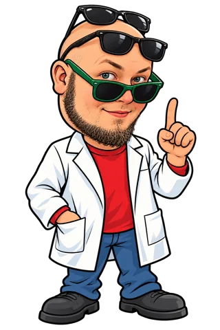 Verspielte eigene Cartoonfigur von Dennis mit drei Sonnenbrillen und erhobenem Finger