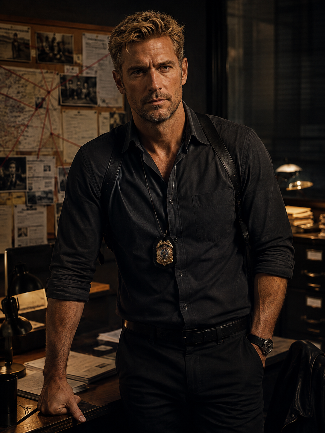 Investigator Andrew Daniels in a police office
