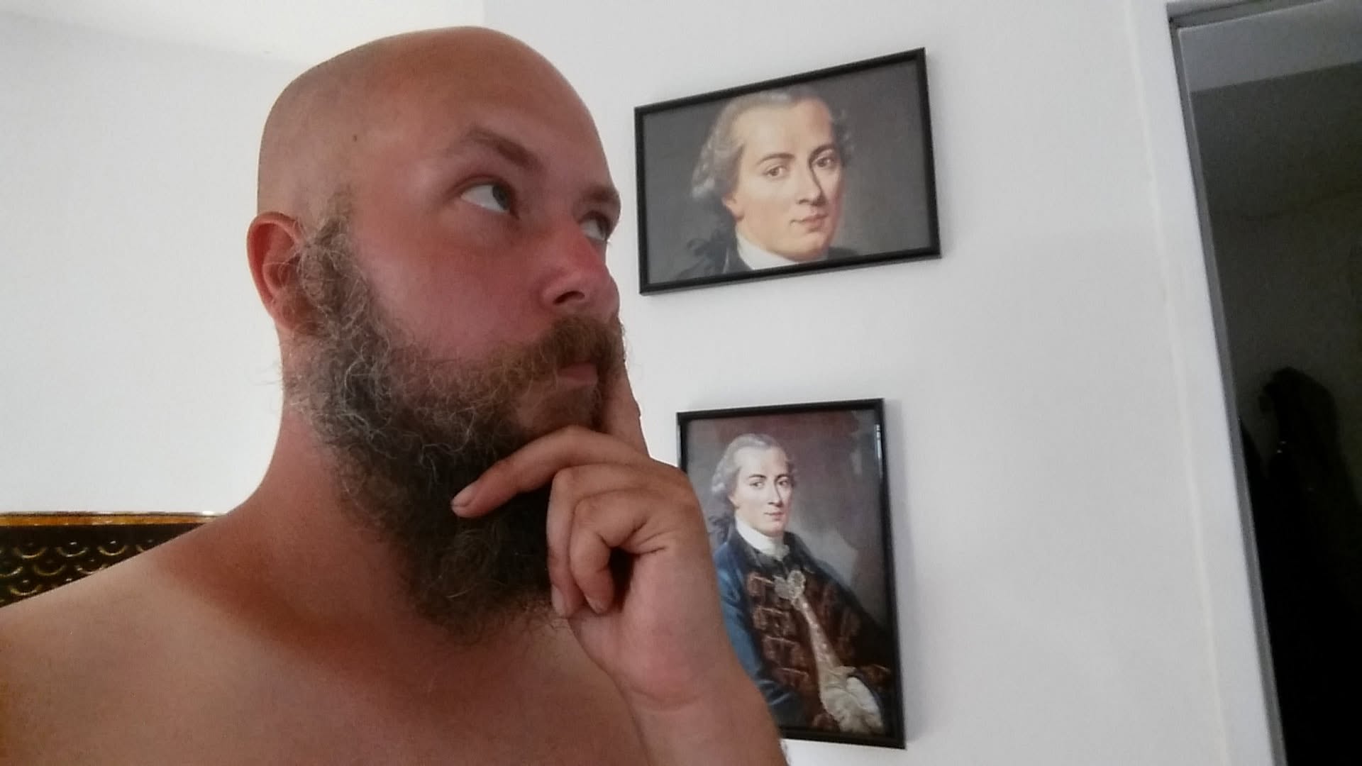 Dennis Hilk looking suspiciously toward two hallway portraits, the setting for the Kant and Hochkant joke.